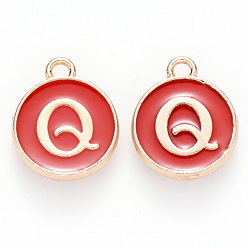 Letter Q Golden Plated Alloy Charms, with Enamel, Enamelled Sequins, Flat Round, Red, Letter.Q, 14x12x2mm, Hole: 1.5mm, 50pcs/Box