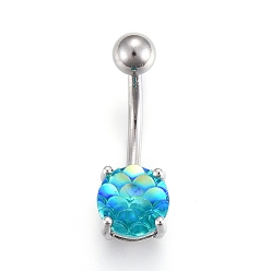 Bleu Ciel Foncé Bijoux piercing, anneau de nombril en laiton, anneaux de ventre, avec barre en acrylique et acier inoxydable, bleu profond du ciel, 23x8mm, barre : 15 jauge (1.5 mm), longueur de la barre : 3/8"(10mm)