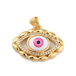 Deep Pink Brass Micro Pave Cubic Zirconia Pendants, with Acrylic, Cadmium Free & Lead Free, Long-Lasting Plated, Evil Eye, Real 18K Gold Plated, Deep Pink, 19.5x26x7mm, Hole: 4x3.5mm