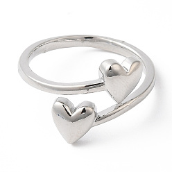 Platinum Rack Plating Brass Double Heart Cuff Rings, Lead Free & Cadmium Free, Platinum, US Size 6 3/4(17.1mm)