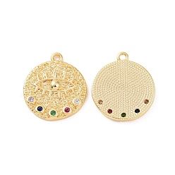 Real 18K Gold Plated Brass Micro Pave Colorful Cubic Zirconia Pendants, Flat Round with Eye Charm, Real 18K Gold Plated, 17x15x2mm, Hole: 1.2mm