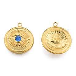 Real 18K Gold Plated 304 Stainless Steel Pendants, with Sapphire Rhinestone, Flat Round with Eye, Real 18K Gold Plated, 17.5x15x3mm, Hole: 1.5mm