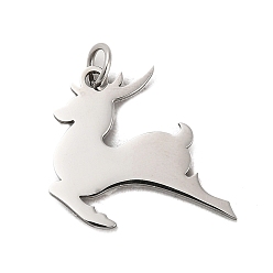 Stainless Steel Color Christmas 304 Stainless Steel Pendants, with Jump Ring, Deer Charm, Stainless Steel Color, 18x20x1mm, Hole: 3.4mm
