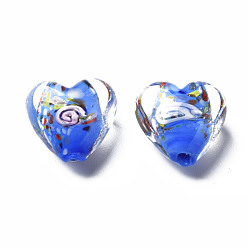 Bleu Royal Perles lampwork, perles au chalumeau, faits à la main, avec fleur intérieur, cœur, bleu royal, 15x15~16x9mm, Trou: 1.2mm