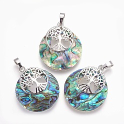 Paua Shell Natural Paua Shell Pendants, with Rhinestone and Platinum Tone Brass Findings, Flat Round with Tree of Life, 32.5~33x27.5~28x5~6mm, Hole: 5x7mm