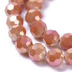Corail Plaqué facettes electroplate arc-ronde perles de verre brins, corail, 8mm, Trou: 1mm, Environ 72 pcs/chapelet, 22 pouce