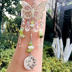 Peridot Teardrop Glass & Metal Butterfly Pendant Decorations, Hanging Suncatchers, with Natural Peridot Chips, for Home Decoration, Moon/Star/Sun, 230mm