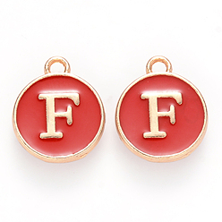 Letter F Golden Plated Enamel Alloy Charms, Enamelled Sequins, Flat Round, Red, Letter.F, 14x12x2mm, Hole: 1.5mm, 100pcs/Box