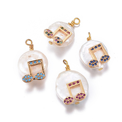 Mixed Color Natural Cultured Freshwater Pearl Pendants, with Brass Micro Pave Cubic Zirconia Findings, Nuggets with Musical Note, Golden, Mixed Color, 17~26x11~16x5~11mm, Hole: 1.6~2mm