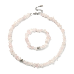 Rose Quartz Natural Rose Quartz Chips Beaded Necklace & Stretc Bracelet, Gemstone Jewelry Set, 16-3/8 inch(41.7cm), Inner Diameter: 2 inch(5cm)