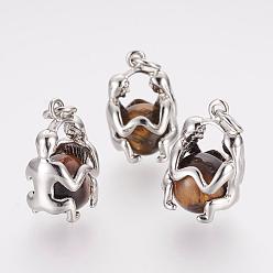 Gemini Natural Tiger Eye Pendants, with Platinum Plated Brass Findings, Constellation/Zodiac Sign, Gemini, 15.5~26x13~24x10~12.5mm, Hole: 4mm