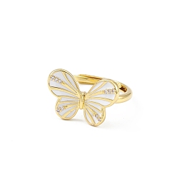 Blanco Anillo ajustable con mariposa esmaltada, joyas de latón chapado en oro real 18k para mujer, sin plomo y el cadmio, blanco, diámetro interior: 17 mm