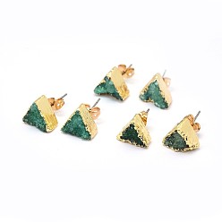 Light Sea Green Natural Druzy Quartz Crystal Stud Earring, with Brass Findings, Triangle, Golden, Light Sea Green, 10x11x4~7mm, Pin: 0.7mm