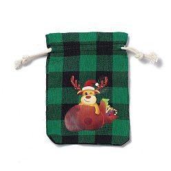 Cerf Sacs de jute rectangulaires sur le thème de Noël avec cordon de jute, tartan pochettes, pour emballage cadeau, verte, cerf, 13.8~14x9.7~10.3x0.07~0.4 cm