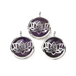 Amethyst Natural Amethyst Locket Pendants, Flat Round Charms, with Platinum Plated Brass Lotus Findings, 31.5x27x9mm, Hole: 4.6mm