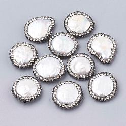 Crystal Flat Round Polymer Clay Rhinestone Natural Freshwater Shell Beads, Crystal, 15~23x15~19x5~6mm, Hole: 0.7mm