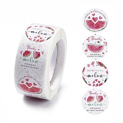 White 4 Patterns Paper Thank You Sticker Rolls, Round Dot Decals, for Envelope, Gift Bag, Card Sealing, Watermelon Pattern, White, 25mm, 500pcs/roll