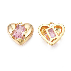 Perlas de Color Rosa Dijes de zirconia cúbica con incrustaciones de latón, real 18 k chapado en oro, corazón, rosa perla, 11x12x3.5 mm, agujero: 1 mm