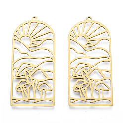 Real 18K Gold Plated 201 Stainless Steel Pendants, Arch Charm with Sun & Mushroom, Real 18K Gold Plated, 48.5x22x1mm, Hole: 1.5mm