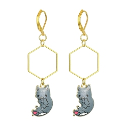 Gris Ardoise Boucles d'oreilles pendantes en alliage de placage en rack, boucles d'oreilles pendantes en forme de chat, boucles d'oreilles longues pendantes en laiton doré, gris ardoise, 66x19.5mm