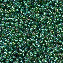 (RR1016) Silverlined Green AB Cuentas de rocailles redondas miyuki, granos de la semilla japonés, (rr 1016) verde plateado ab, 11/0, 2x1.3 mm, Agujero: 0.8 mm, sobre 5500 unidades / 50 g
