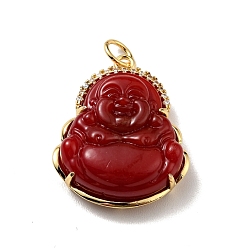 Red Natural Dyed Jade Pendants, with Rack Plating Real 18K Gold Plated Brass Findings and Jump Ring, Laughing Buddha, Cadmium Free & Nickel Free & Lead Free, Red, 24x19x7.5mm, Jump Ring: 5x0.7mm, Hole: 3.4mm