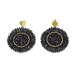 Black Handmade Woven Glass Beads Dangle Stud Earrings, with 304 Stainless Steel Findings and Ear Nuts/Earring Back, Flat Round, Golden, Black, 57mm, Pin: 0.6mm