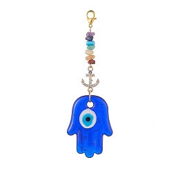 Hamsa Hand Evil Eye Lampwork Pandant Decorations, with Alloy Rhinestone Links and Stainless Steel Lobster Claw Clasps, Gemstone Chip Bead, Hamsa Hand, 116mm