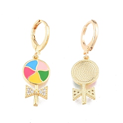 Real 18K Gold Plated Clear Cubic Zirconia Candy Dangle Leverback Earrings with Colorful Enamel, Brass Enamel Jewelry for Women, Cadmium Free & Nickel Free & Lead Free, Real 18K Gold Plated, 33mm, Pin: 1mm