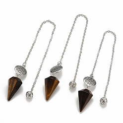 Tiger Eye Natural Tiger Eye Hexagonal Pointed Dowsing Pendulums, with Platinum Plated Brass Findings, Life of Flower & Cone, 240x2x0.1mm