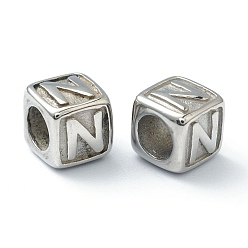 Letter N 304 Stainless Steel European Beads, Large Hole Beads, Horizontal Hole, Cube with Letter, Stainless Steel Color, Letter.N, 8x8x8mm, Hole: 4mm