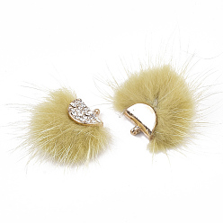 Kaki Foncé Décorations pendantes de pompon en fausse fourrure de vison, avec strass et les accessoires en alliage, fan, or, kaki foncé, 24~28x29~34x8mm, Trou: 1.5mm