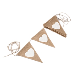 Bronze Bannière de drapeau de lin de fête d'anniversaire, fournitures d'événement de décoration de maison de mariage, triangle avec coeur, tan, 2.8 m / chapelet