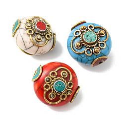 Couleur Mélangete Perles de style tibétain, avec turquoise synthétique, corail synthétique et accessoires en laiton, couleur mixte, 21~24x21~24x17~20mm, Trou: 2mm