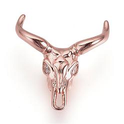 Rose Gold Brass Cubic Zirconia Beads, Cattle Skull, Rose Gold, 20x18x7mm, Hole: 2mm