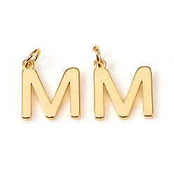Letter M Brass Charms, with Jump Rings, Letter, Real 18K Gold Plated, Letter.M, M: 10x9x1mm, Hole: 2.5mm