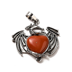 Red Jasper Natural Red Jasper Heart Pendants, Dragon Charms, with Rack Plating Antique Silver Plated Brass Findings, Lead Free & Cadmium Free, 33x33.5~34x7~7.5mm, Hole: 8x5mm