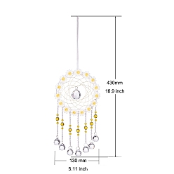 Jaune Toile/filet tissé avec décorations pendantes rondes en verre, pour les décorations suspendues à la maison, jaune, 430x130mm