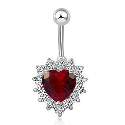 Siam Piercing Jewelry Real Platinum Plated Brass Rhinestone Heart Navel Ring Belly Rings, Siam, 32x16mm, Bar Length: 3/8"(10mm), Bar: 14 Gauge(1.6mm)