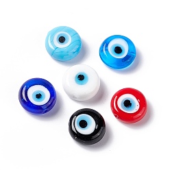 Mixed Color Handmade Evil Eye Lampwork Beads, Half Drilled, Flat Round, Mixed Color, 12~12.5x5mm, Hole: 1.2mm