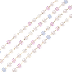 Violet Faceted Cube Glass & ABS Plastic Imitation Pearl Beaded Chains, with Light Gold 304 Stainless Steel Findings, Soldered, Violet, 4x2.5mm, 4x2.5x2.5mm