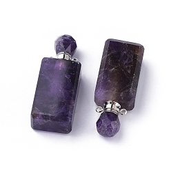 Amethyst Faceted Natural Amethyst Openable Perfume Bottle Pendants, with 304 Stainless Steel Findings, Cuboid, Stainless Steel Color, 42~45x16.5~17x11mm, Hole: 1.8mm, Bottle Capacity: 1ml(0.034 fl. oz)