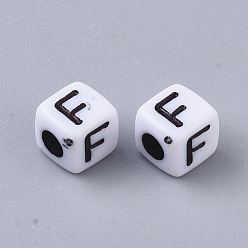 Letter F White Opaque Acrylic Beads, Horizontal Hole, Cube with Black Alphabet, Letter.F, 4~5x4~5x4~5mm, Hole: 1.8mm, about 6470~6500pcs/500g