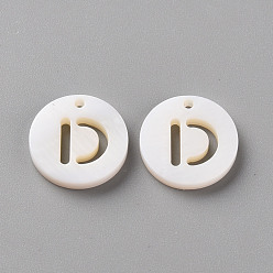 Letter D Natural Freshwater Shell Pendants, Flat Round with Letter, Letter.D, 12x1.5mm, Hole: 1mm