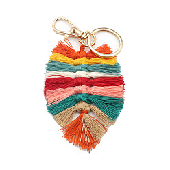 Coloré Porte-clés pompon en coton, avec apprêts en alliage plaqué or et porte-clés en fer, plume, colorées, 13x6 cm