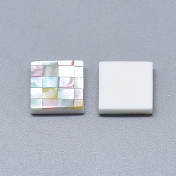 Colorido Cabochons de concha, con fondo de resina, cuadrado con patrón de mosaico, colorido, 14~15x14~15x4 mm