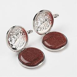 Goldstone Synthetic Goldstone Pendants, with Brass Diffuser Locket Findings, Flat Round with Tree, 31x25x8mm, Hole: 4mm