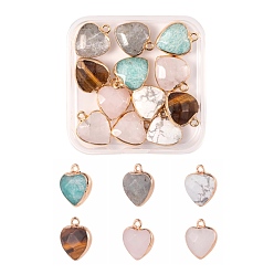 Mixed Stone 12Pcs 6 Style Electroplate Natural Gemstone Pendants, with Cadmium Free & Nickel Free & Lead Free Golden Iron Findings, Faceted, Heart, 16x14x6mm, Hole: 1.8mm, 2pcs/style