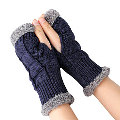 Prusia Azul Guantes sin dedos para tejer con hilo de fibra acrílica, guantes cálidos de invierno con borde esponjoso y orificio para el pulgar, null, 195x85~95 mm