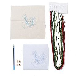Other Plants DIY Embroidered Making Kit, Including Linen Cloth, Cotton Thread, Water Erasable Pen Refills, Iron Needle and Wood Beads, Plants Pattern, 25x25x0.01cm